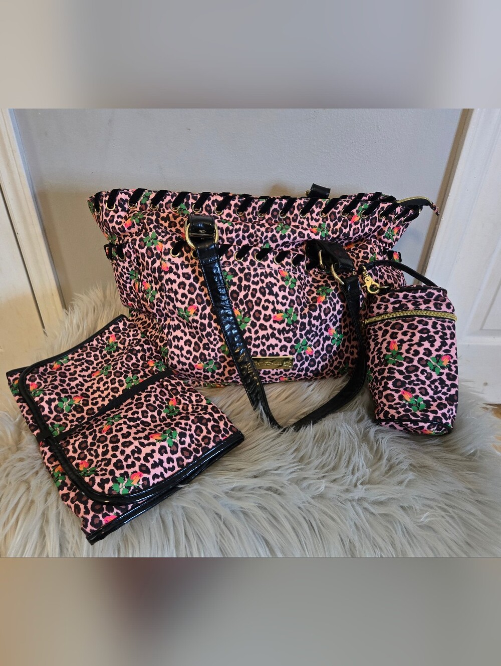 Betsey Johnson Leopard And Rose Print Diaper Bag